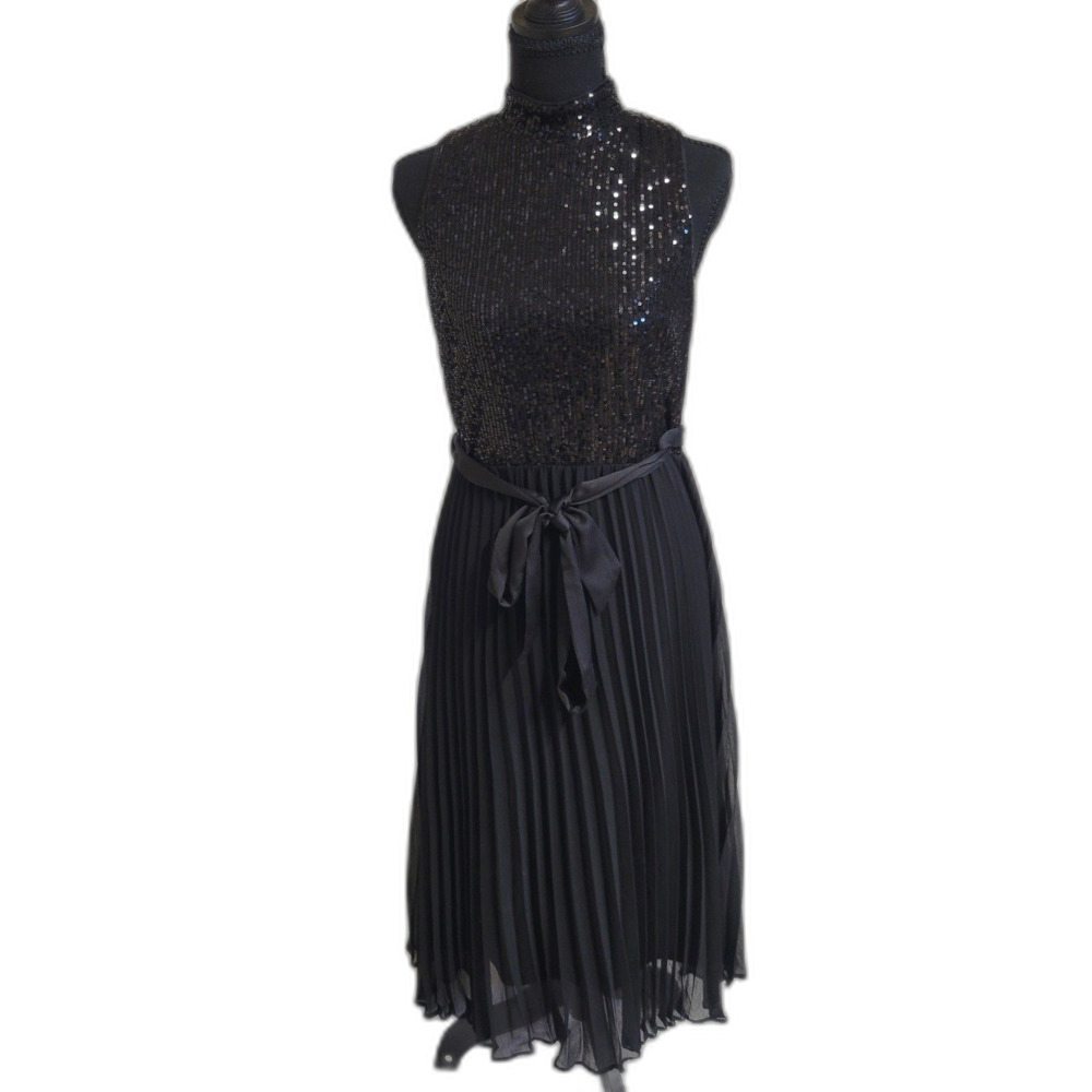 Sandra Darren Black Sequin Mock Neck Pleated Midi Dress Belted Size 6